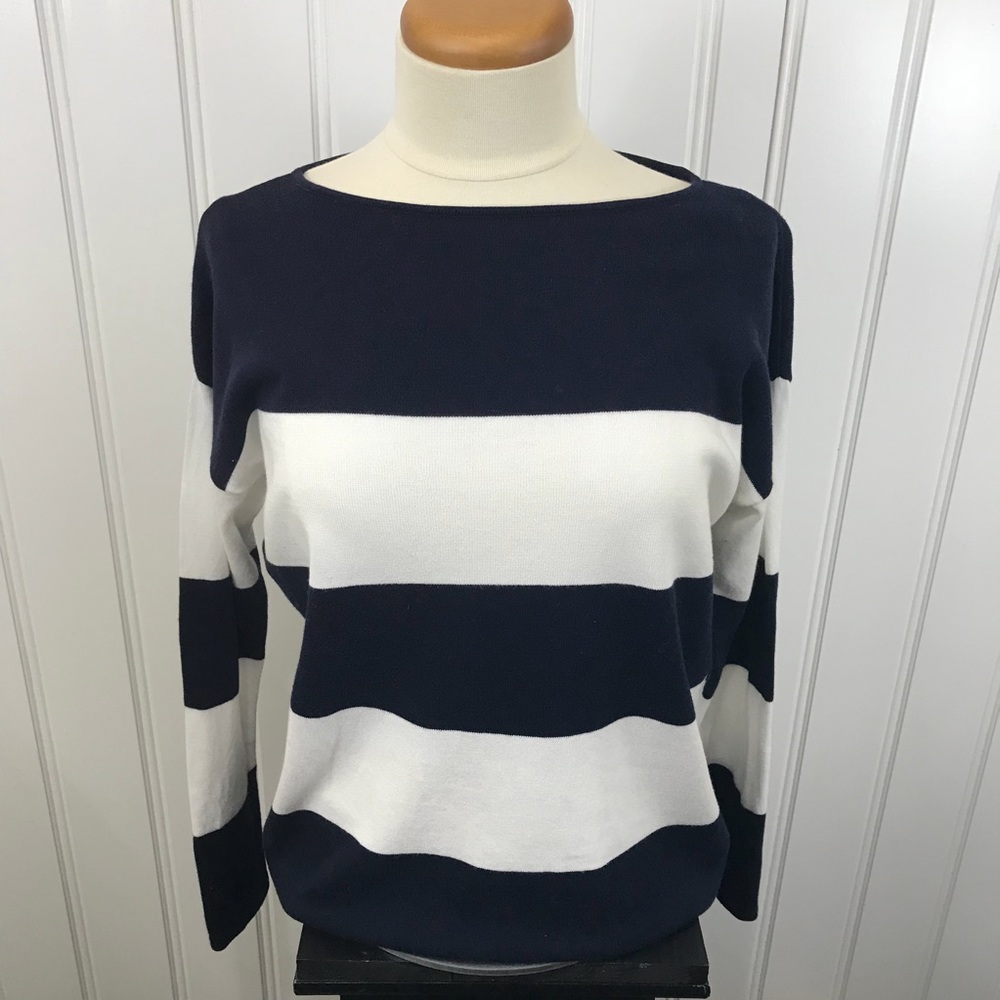 Chaps Navy and White Striped Crew Neck Sweater